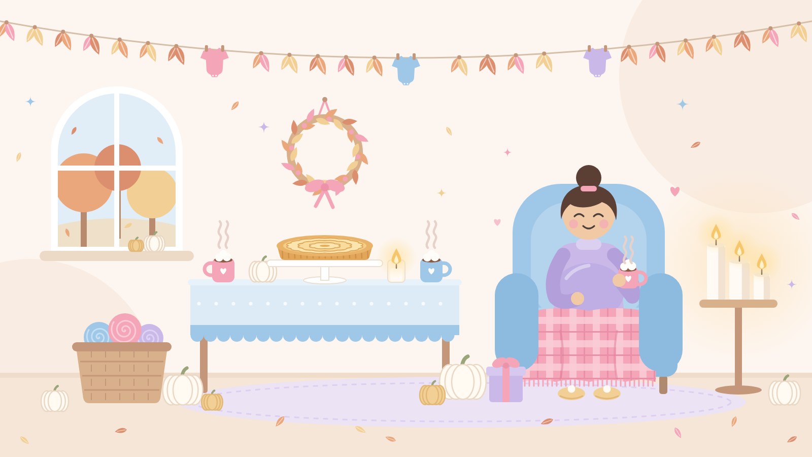 Salon décoré pour une baby shower d'automne : citrouilles blanches, plaids, bougies et une table de goûter avec chocolat chaud et tarte aux pommes