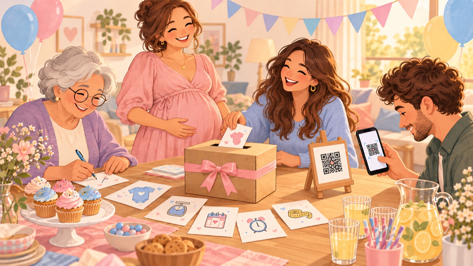 Table de baby shower avec une boîte où les invités glissent leurs cartes de pronostic, un QR code sur un chevalet et des proches qui jouent, sur papier ou sur leur téléphone