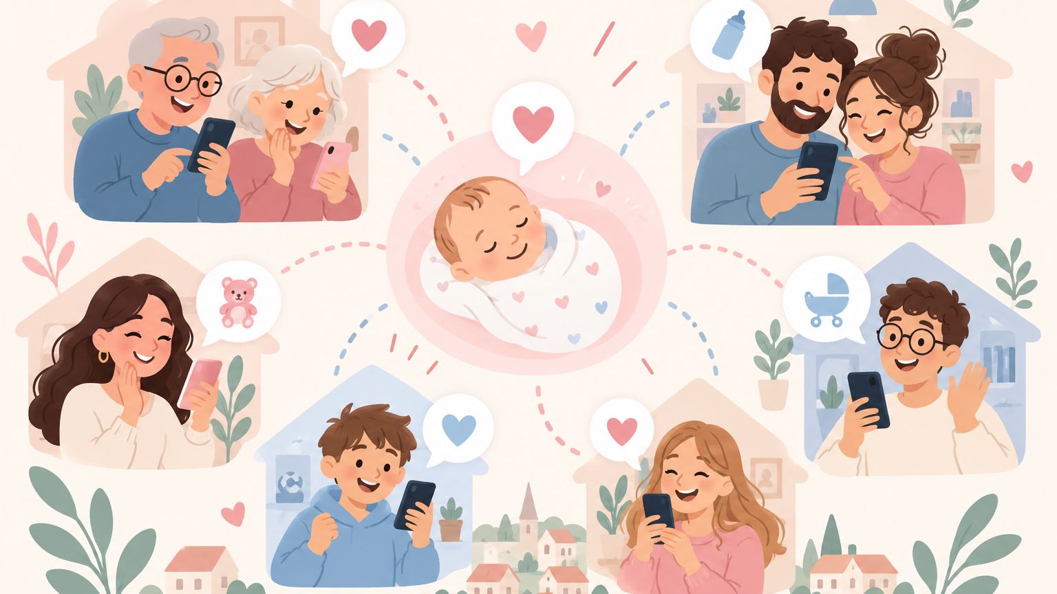 Groupe WhatsApp familial où circule le lien d'un pronostic de naissance, avec des proches qui répondent depuis plusieurs villes